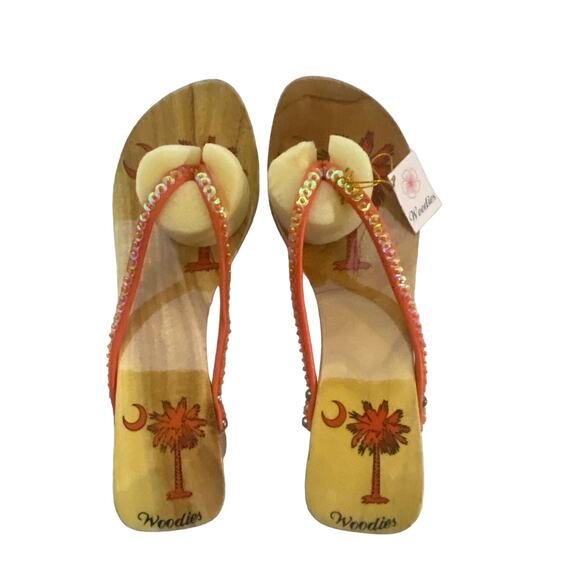 Woodies Sandals Size 7 Hand Painted Brown and Orange With Palm Tree and Moon - Picture 4 of 9